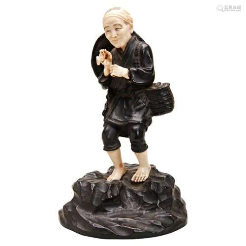 JAPANESE BRONZE AND IVORY OKIMONO OF AN OLD MAN, BY MINAMI M...