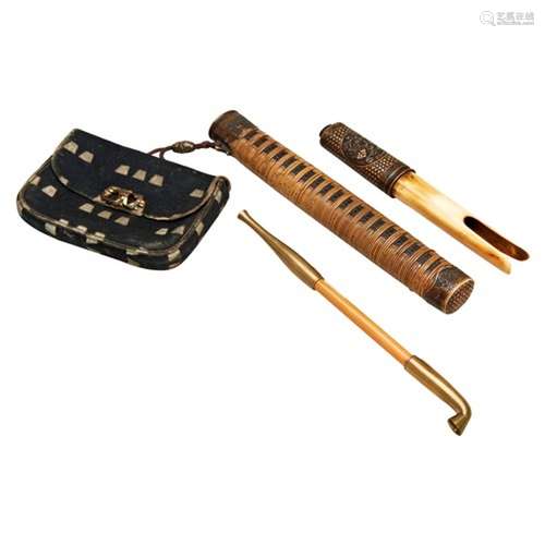 JAPANESE IVORY AND RATTAN KISERUZUTSU (PIPE CASE) AND A TABA...