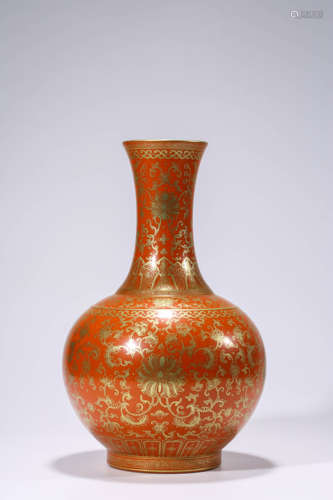 Small Globular-shaped Vase with Gold-traced Design and Flora...