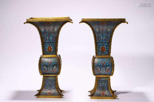 Pair Cloisonne Enameled Square Flower Gu(Vase) with Copper B...