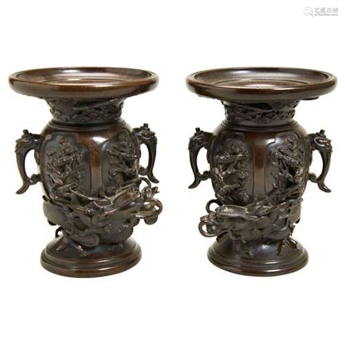 PAIR OF JAPANESE BRONZE 'DRAGON' VASES, SIGNED SOHO MEIJI PE...