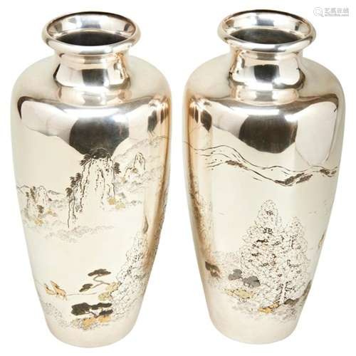 PAIR OF JAPANESE SILVER VASES MEIJI PERIOD (1868-1912) the b...