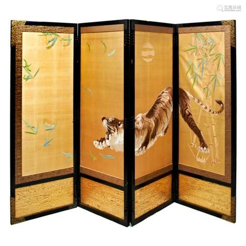 FINE JAPANESE EMBORIDERED-SILK FOUR FOLD SCREEN MEIJI PERIOD...