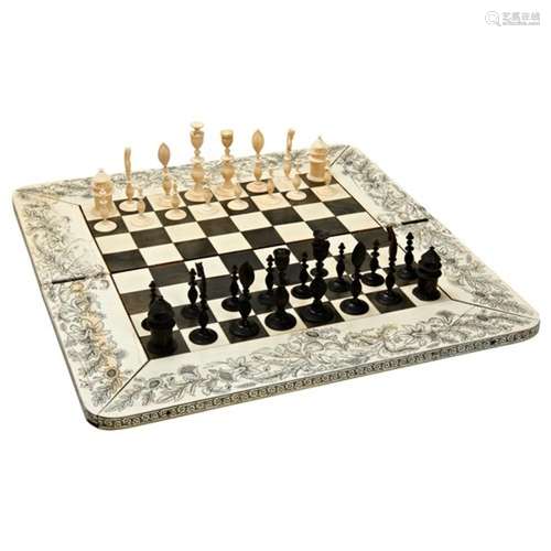 ANGLO-INDIAN IVORY, HORN AND SANDALWOOD CHESS SET, BOX AND B...