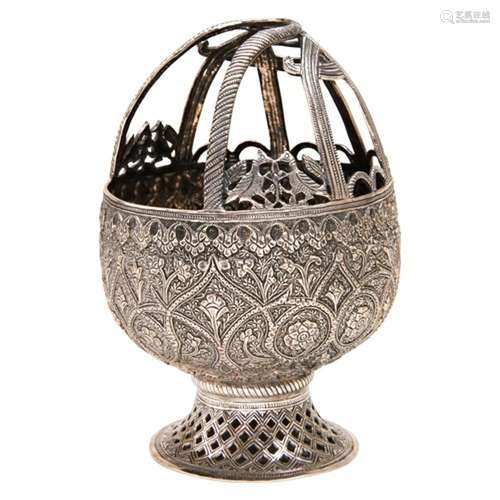 PERSIAN SILVER BASKET 19TH CENTURY the sides finely chased a...