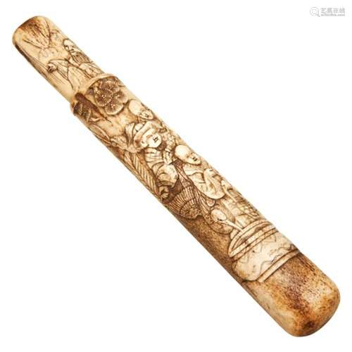 JAPANESE CARVED STAG-ANTLER KISERUZUTSU (PIPE CASE) MEIJI PE...