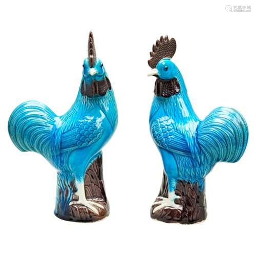 PAIR OF TURQUOISE-GLAZED COCKERELS  LATE QING DYNASTY each s...