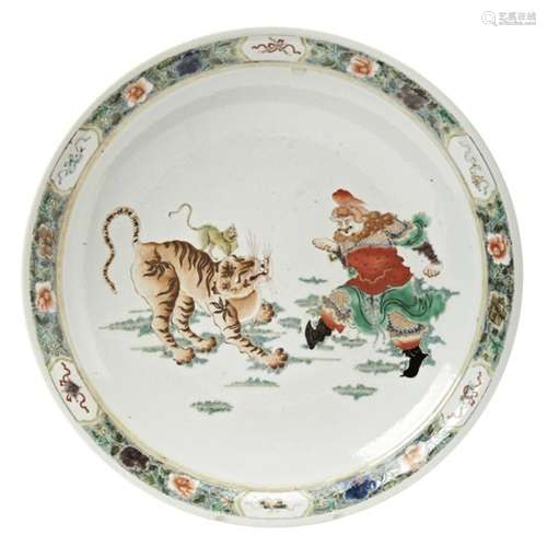 LARGE FAMILLE VERTE CHARGER  19TH CENTURY finely painted tig...