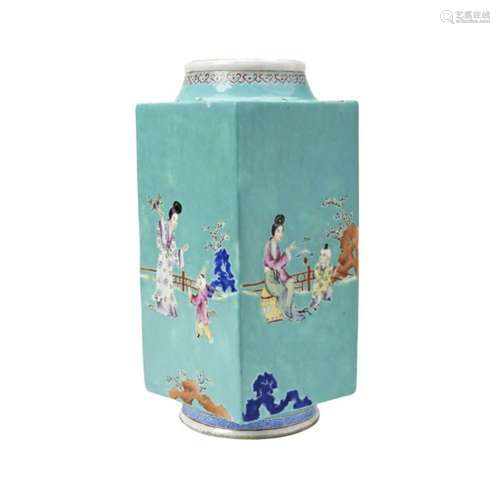 TURQUOISE-GROUND FAMILLE ROSE SQUARE SECTION VASE,  QING DYN...