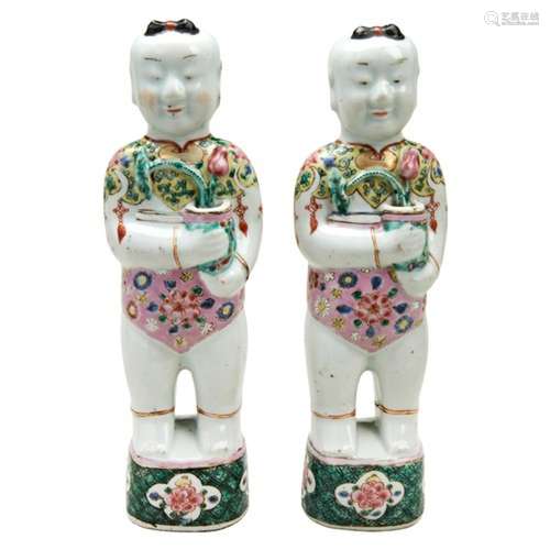 PAIR OF FAMILLE ROSE BOYS QING DYNASTY, 18TH CENTURY standin...