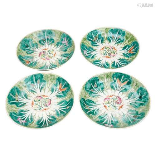 SET OF FOUR FAMILLE ROSE 'CABBAGE-LEAF' DISHES JIAQING RED S...