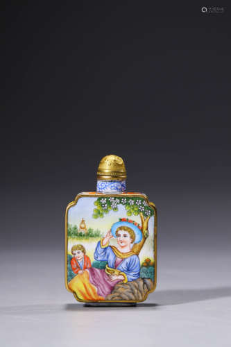 Copper-bodied Painted Enamel Snuff Bottle with Figure Patter...