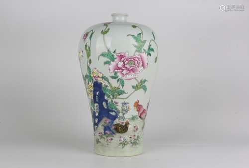 Famille-rose Enameled Plum Vase with Floral Design, Yongzhen...