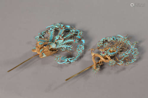 Group Gilded Copper Hairpin inlaid wires with Dragon and Pho...