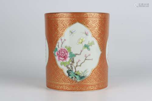 Gold-traced Brush Holder with Reserved Floral and Poems Desi...