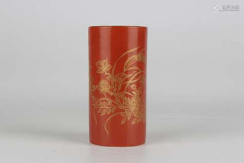 Gold-traced Brush Holder with Floral Design in Iron Red Glaz...