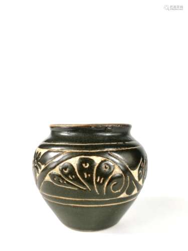 Black Glazed Pot with Carved Flowers