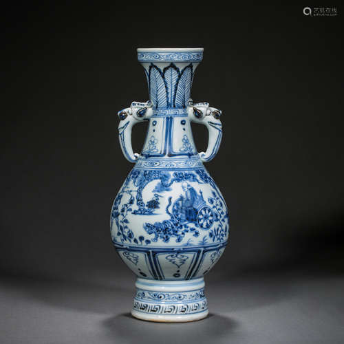 YUAN DYNASTY, CHINESE BLUE AND WHITE DOUBLE-EARED FIGURE VAS...