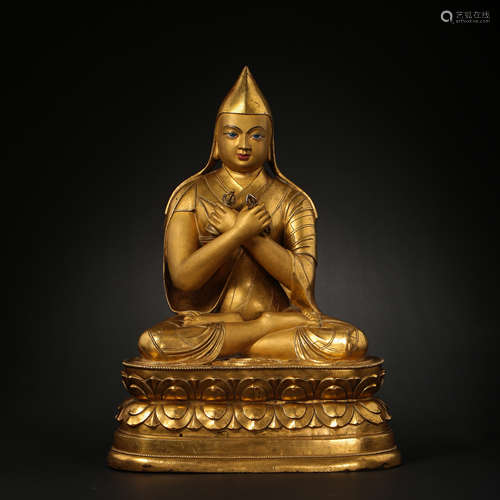 A ALLOY BRONZE PAGODA AND A GILT BRONZE STATUE OF ZHEBU ZUN ...