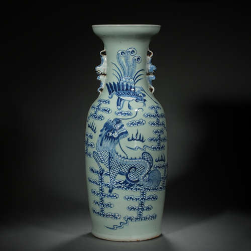 LARGE BLUE AND WHITE DOUBLE-EARED VASE, QING DYNASTY, CHINA