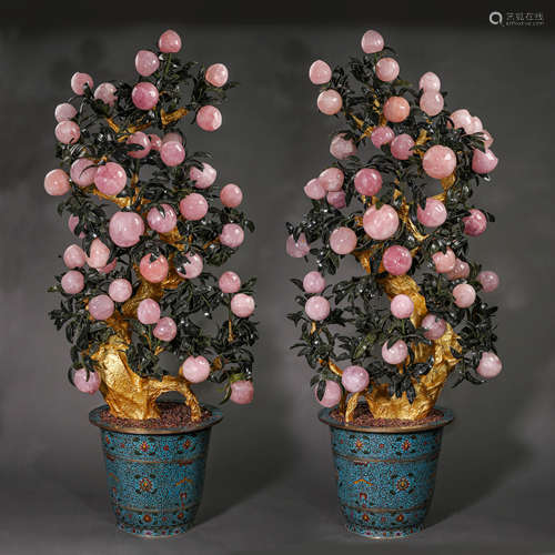 A PAIR OF JADE LEAF AND TOURMALINE FLOWER POTS, THE LATE QIN...