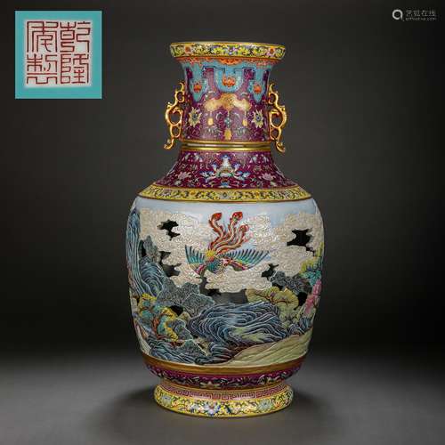 LARGE BRONZE ENAMEL DOUBLE-EARED VASE, QIANLONG PERIOD OF TH...