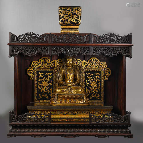 A SET OF SMALL-LEAF RED SANDALWOOD LACQUERED BUDDHIST SHRINE...