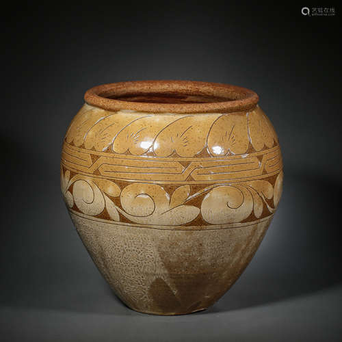 CIZHOU WARE LARGE POT WITH CARVED FLOWER PATTERN, SONG DYNAS...