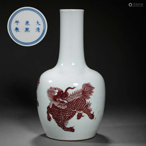 LONG-NECKED VASE WITH RED COLOR DRAGON PATTERN, KANGXI PERIO...