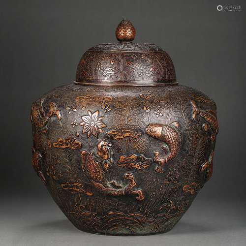 CHINA QING DYNASTY COPPER FISH GRASS PATTERN LID JAR