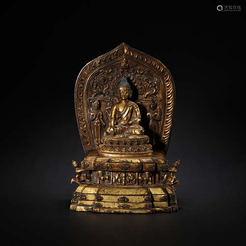 GILT BRONZE STATUE OF SAKYAMUNI BUDDHA IN TIBET, MING DYNAST...