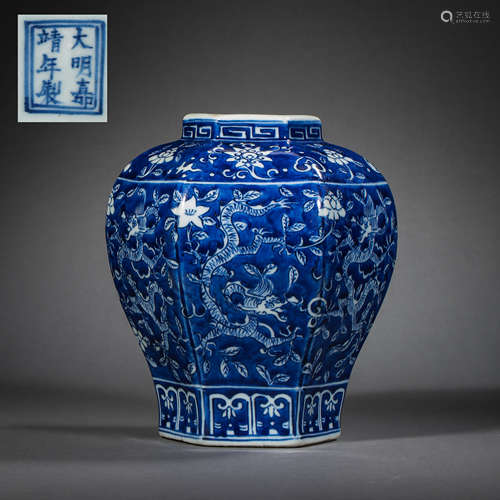 A BLUE AND WHITE SIX-SQUARE DRAGON-PATTERNED JAR, THE JIAJIN...