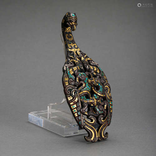 BRONZE WITH GOLD AND SILVER INLAID AGATE HOOK, THE WAR AND H...