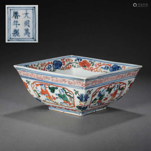 SQUARE BOWL WITH FIGURES, WANLI PERIOD OF MING DYNASTY, CHIN...