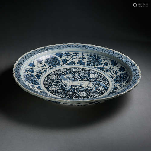 YUAN DYNASTY, CHINESE BLUE AND WHITE FLOWER MOUTH PLATE WITH...