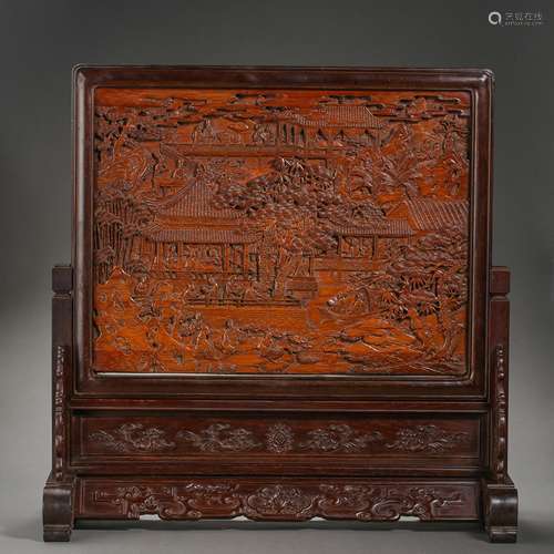 CHINESE QING DYNASTY ROSEWOOD INLAID BAMBOO PLAQUE