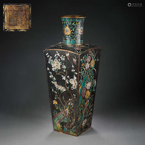 SQUARE CLOISONNE VASE WITH FLOWER PATTERN, QIANLONG PERIOD O...