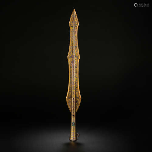 BRONZE WILLOW-LEAF SWORD INLAID WITH GOLD AND SILVER, THE WA...