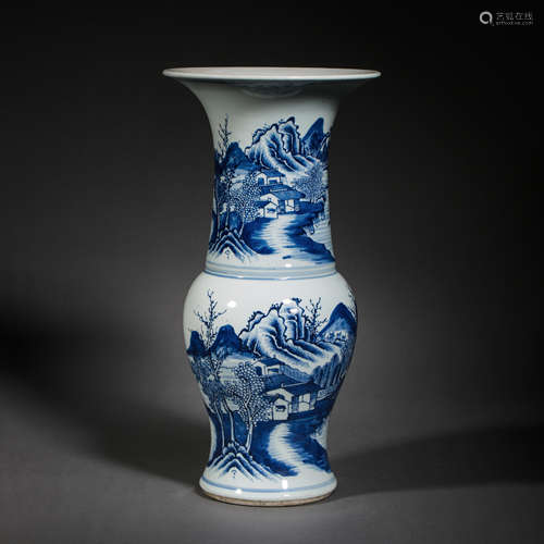 A BLUE AND WHITE VASE WITH LANDSCAPE AND WATER PATTERN, THE ...