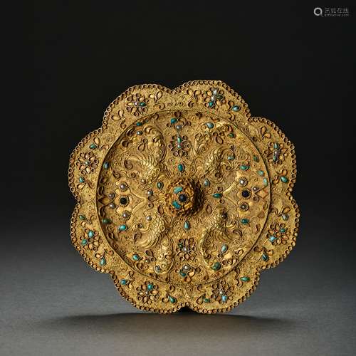 TANG DYNASTY, CHINESE PURE GOLD BEADS INLAID WITH TURQUOISE ...