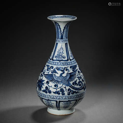 A BLUE AND WHITE YU HU CHUN VASE WITH PHOENIX PATTERN, YUAN ...