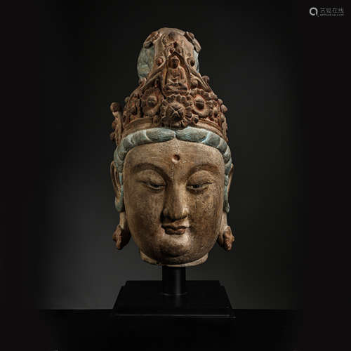 WOOD CARVED BUDDHA HEAD, TANG DYNASTY, CHINA