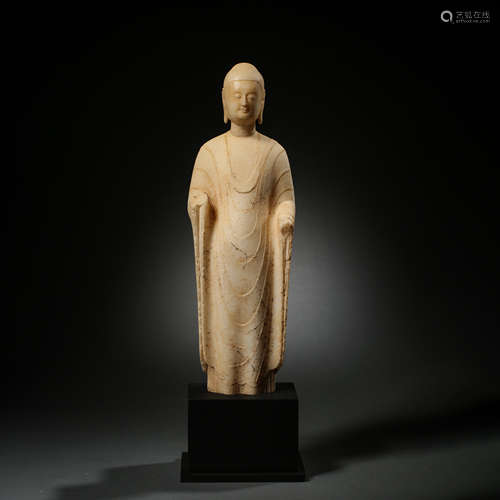 WHITE MARBLE CARVED STANDING BUDDHA STATUE, TANG DYNASTY, CH...