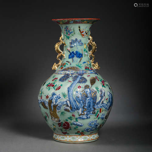 BLUE AND WHITE BINAURAL VASE WITH COLORED FIGURES IN MING DY...