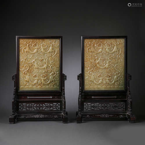 A PAIR OF MAHOGANY INLAID HETIAN JADE TABLE SCREEN, IN THE Q...