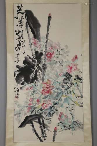 A Lotus Flowers Painting on Paper by Shi Lu.