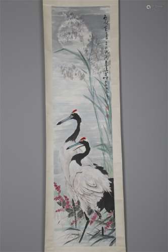 A Cranes Painting on Paper by Wang Xuetao.