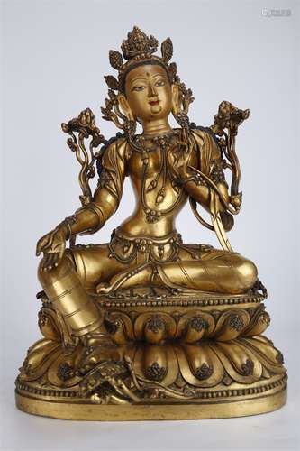 A Gilt Copper Green Tara Buddha Statue.