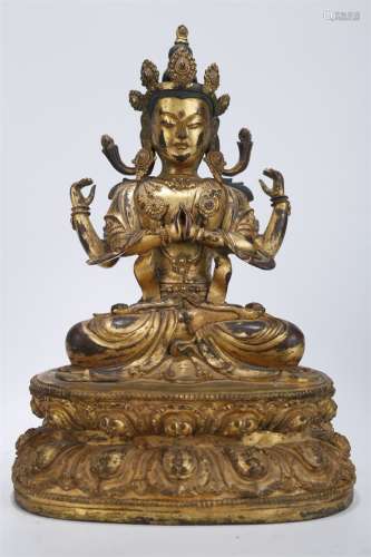 A Gilt Copper Guanyin Bodhisattva Statue.