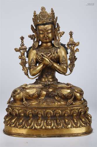 A Gilt Copper Vajradhara Buddha Statue.